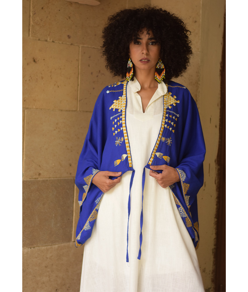 Electric Blue Siwa Embroidered Linen Bolero made in Egypt & available at Jozee Boutique.