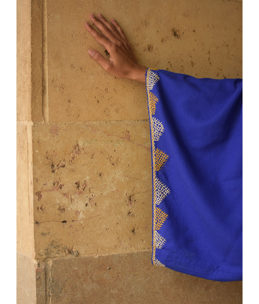 Electric Blue Siwa Embroidered Linen Bolero made in Egypt & available at Jozee Boutique.