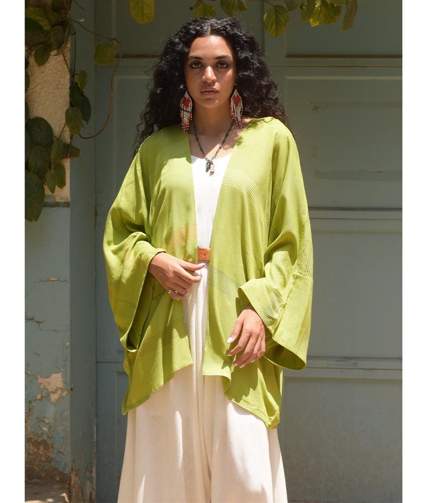 Lime Green Handwoven Viscose Cardigan handmade in Egypt & available at Jozee Boutique.