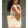 Off white Embroidered Palm Linen Tote Bag handmade in Egypt & available at Jozee Boutique.handmade in Egypt & available at Jozee Boutique.