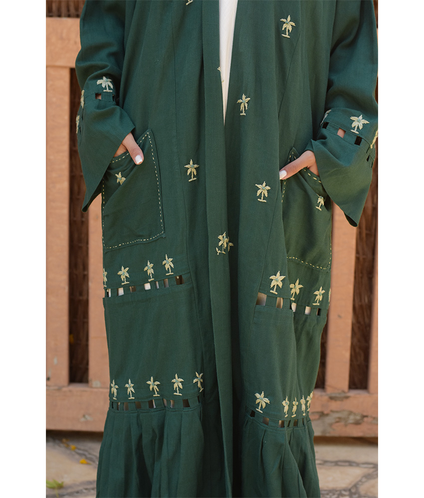 Emerald Green Linen Cardigan with Hand Embroideries handmade in Egypt & available at Jozee Boutique.