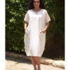 White Relaxed-Fit Linen Midi Dress with Pockets handmade in Egypt & available at Jozee Boutique.
