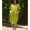Lime Green Relaxed-Fit Linen Midi Dress with Pockets handmade in Egypt & available at Jozee Boutique.