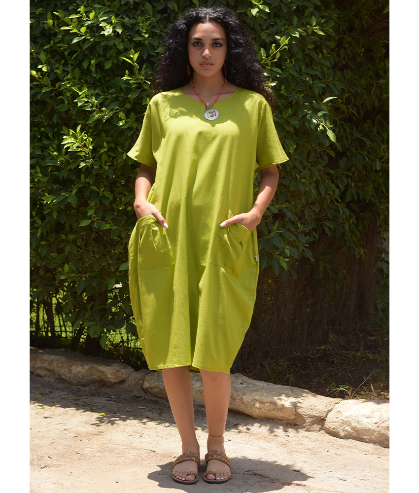 Lime Green Relaxed-Fit Linen Midi Dress with Pockets handmade in Egypt & available at Jozee Boutique.