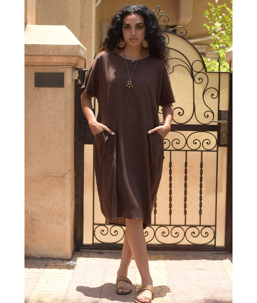 Chocolate Brown Relaxed-Fit Linen Midi Dress with Pockets handmade in Egypt & available at Jozee Boutique.