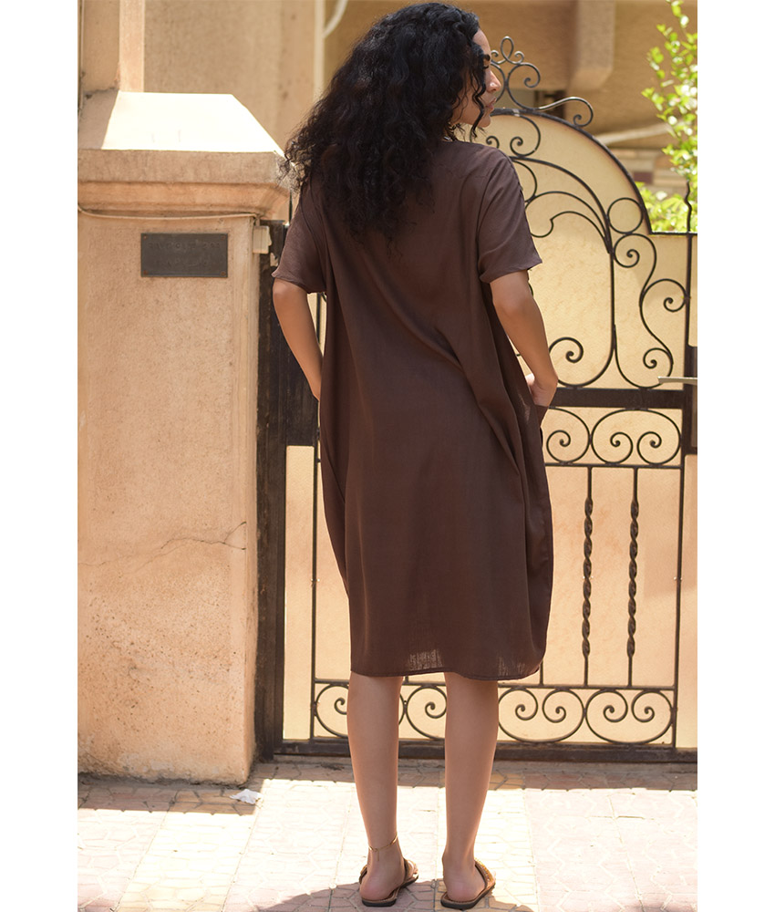 Chocolate Brown Relaxed-Fit Linen Midi Dress with Pockets handmade in Egypt & available at Jozee Boutique.