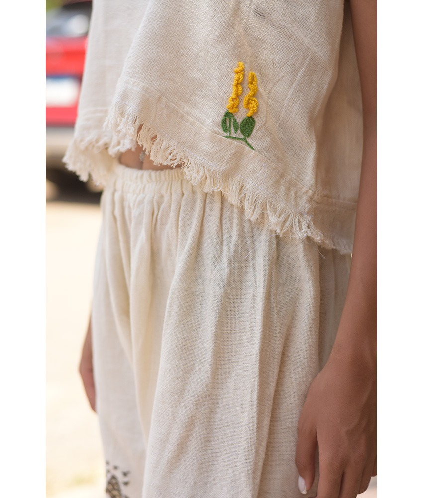 Off-White Linen Set with Hand Embroideries handmade in Egypt & available at Jozee Boutique.