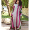 Fuchsia, Grey & Olive Green Stripped Viscose Kaftan with Hoodie handmade in Egypt & available at Jozee Boutique.