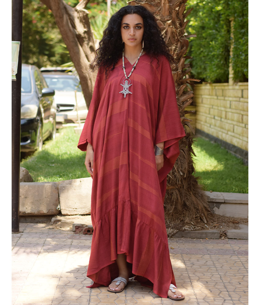 Burgundy Handwoven Ruffle Kaftan handmade in Egypt & available at Jozee boutique