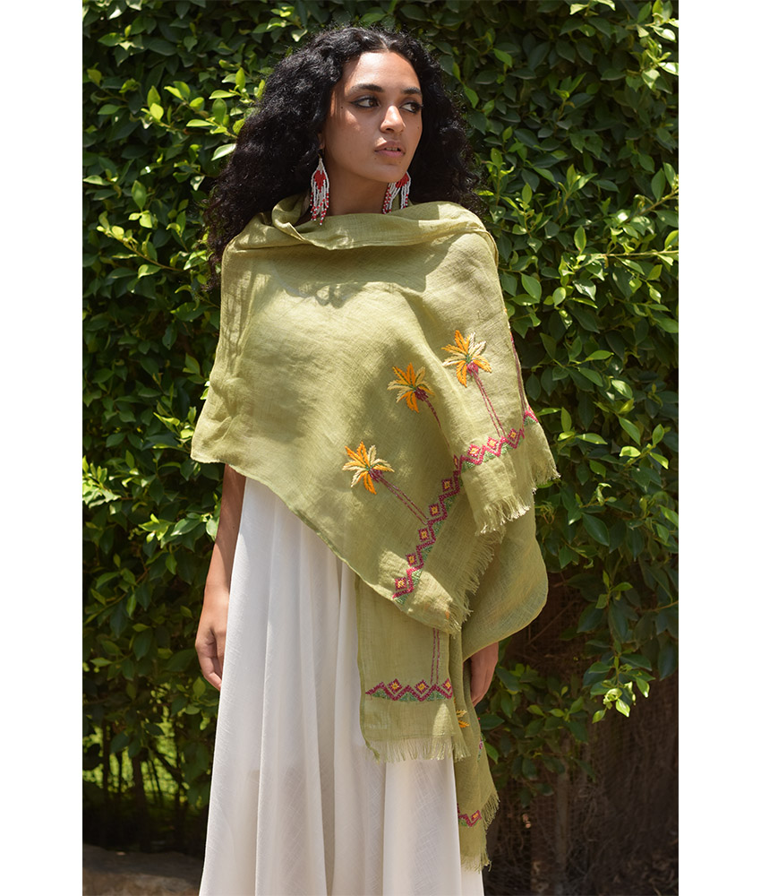 Light Olive Green Embroidered Linen Shawl Handmade in Egypt & available at Jozee Boutique