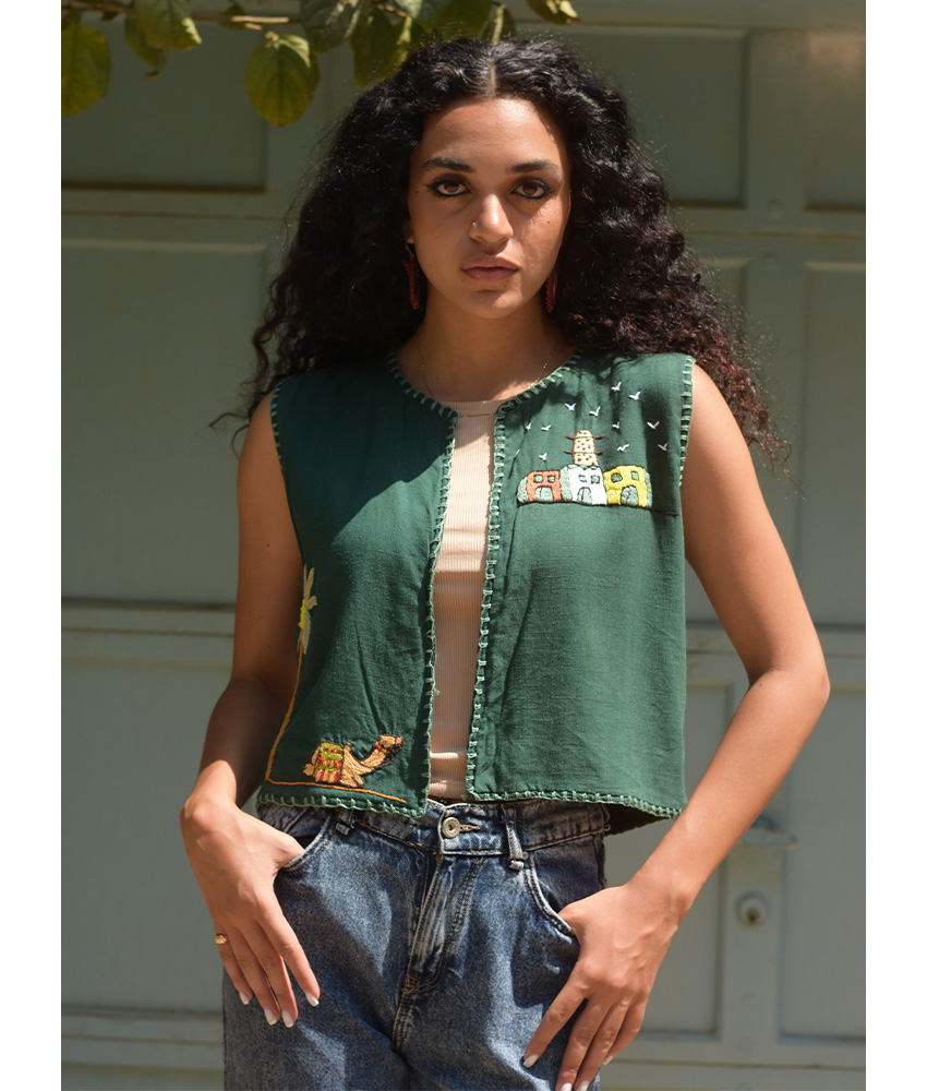 Green Hand Embroideries Linen Vest handmade in Egypt & available at Jozee Boutique.
