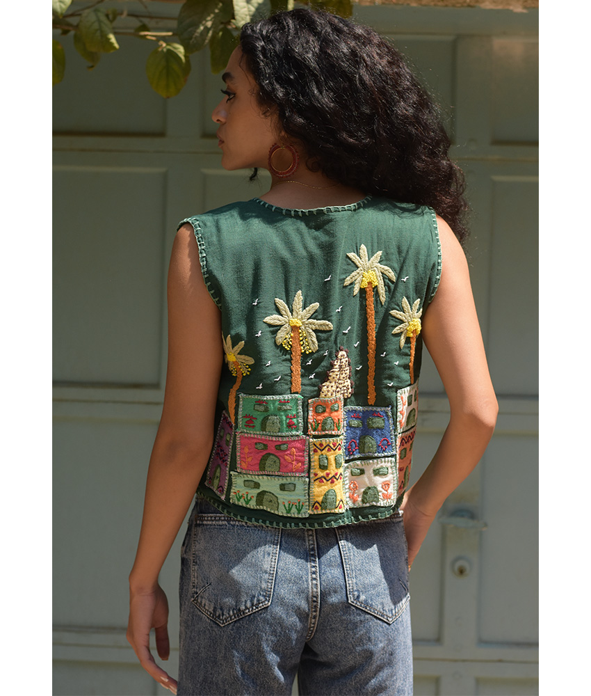 Green Hand Embroideries Linen Vest handmade in Egypt & available at Jozee Boutique.